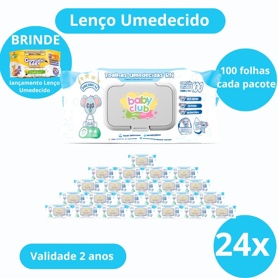 KIT 24 UNIDADES TOALHAS UMEDECIDAS RECÉM-NASCIDO BABY CLUB (100 FLS) – HIPOALERGÊNICA E SEM ÁLCOOL