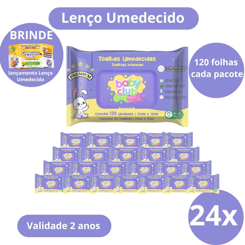 Kit 24 Pacotes Toalhas Umedecidas Premium 120 Folhas Baby Club Promoção