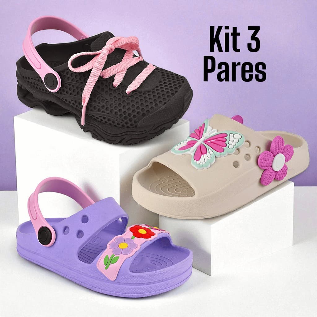 Kit com 3 pares de calçado infantil para meninas. Confortável. Drika calçados