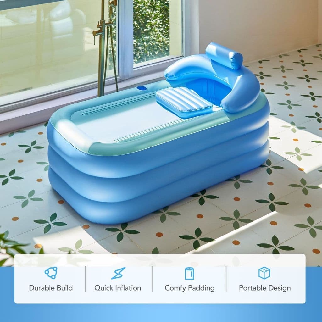 Banheira Inflável Portátil com Encosto e Porta-Copos Para Banho Quente ou Frio Azul ou Bege Com bomba 127v