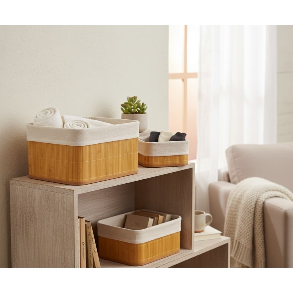 Conjunto Cestos Organizadores Bambu Natural Multiuso Cozinha Escritório Banheiro