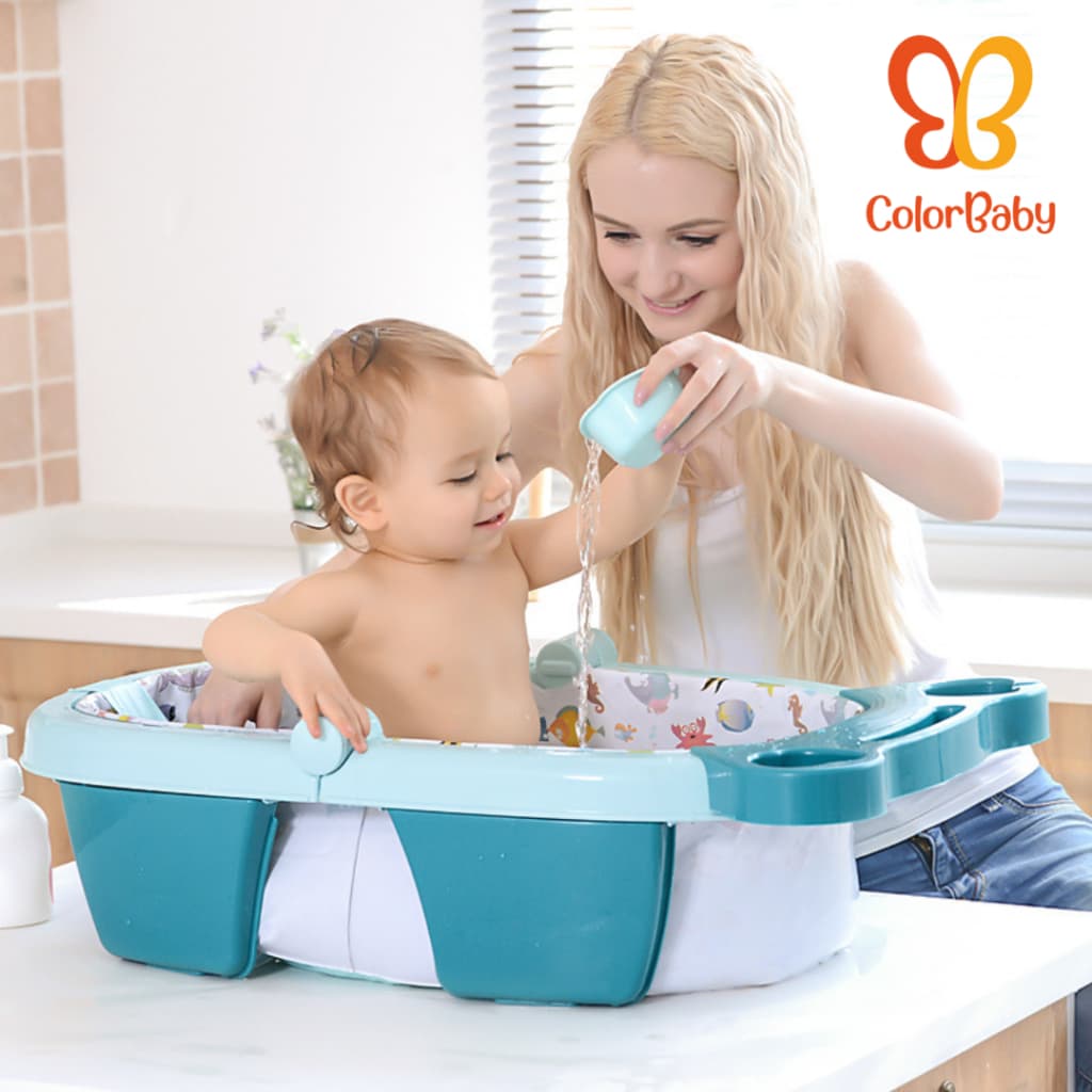 Banheira Dobrável e Inflável para Bebê | Compacta, com Assento Anatômico, Porta-Trecos e Copinho