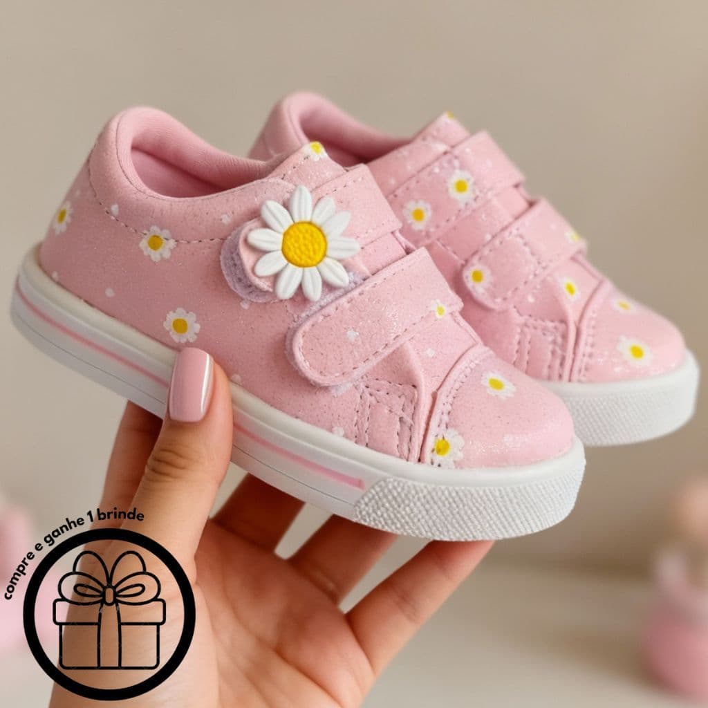 Tênis Infantil Menina Bebê Casual Rosa Delicado C/Velcro Margarida Leve Macio Confortável Dia Dia Criança Passeio Escola