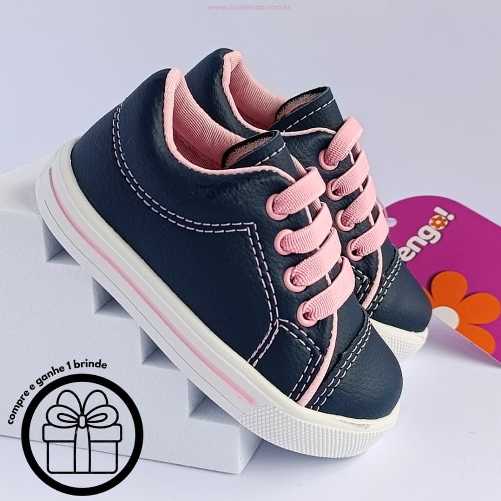 Tênis Infantil Menina Bebê Casual Calce Fácil Azul Marinho e Rosa Leve Macio Confortável Dia Dia Criança