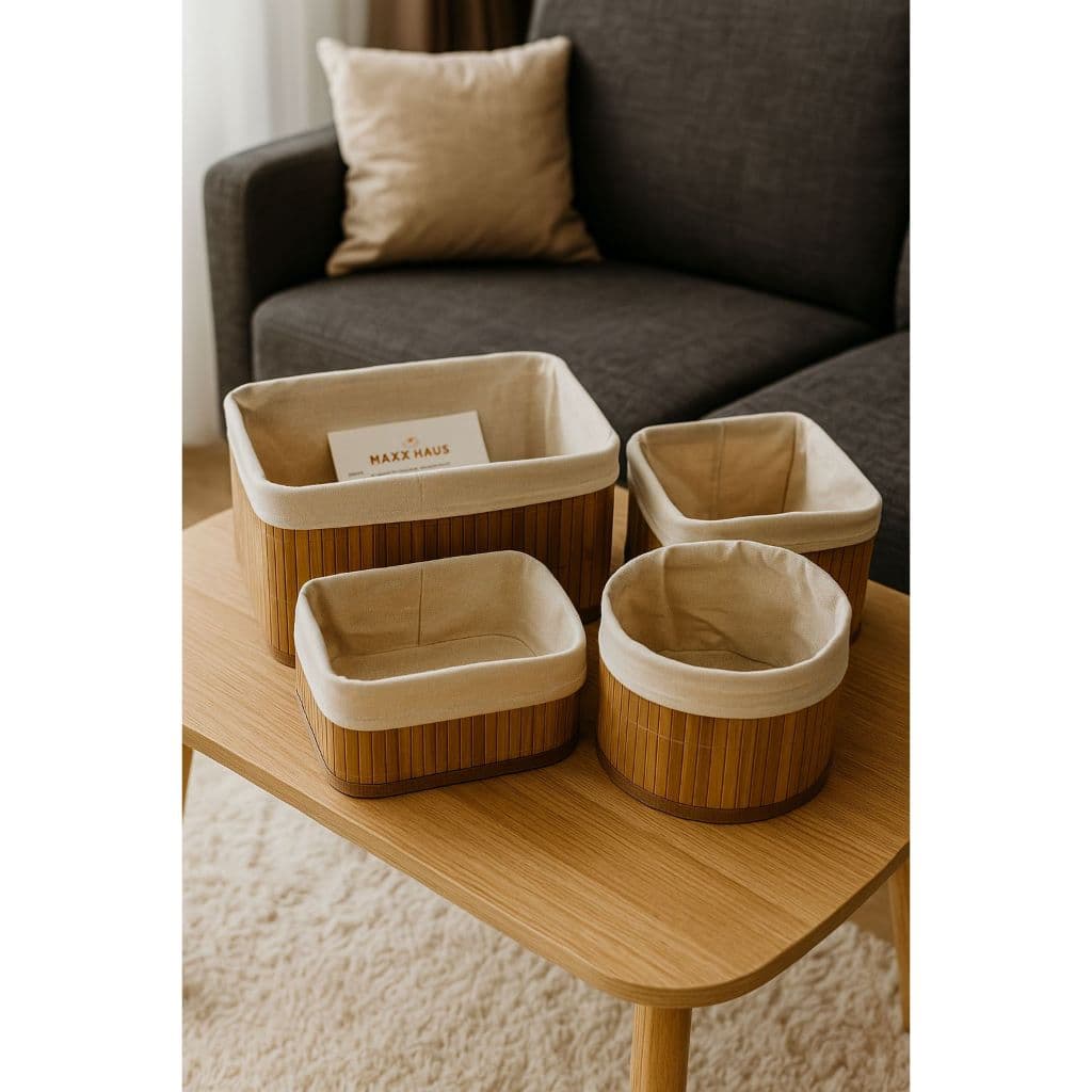 Conjunto 4 Cestos Organizadores Bambu Natural Multiusos Casa Escritório Cozinha Banheiro