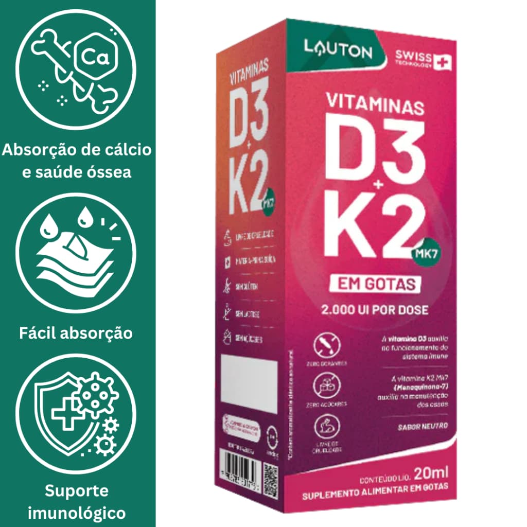 VITAMINA D3 + VITAMINA K2 EM GOTAS 20ml - LAUTON
