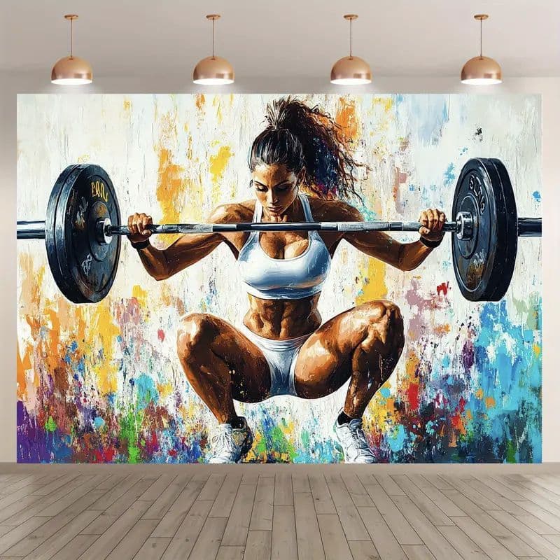 Quadro Decorativo musculação academia mulher agachamento pesos halteres