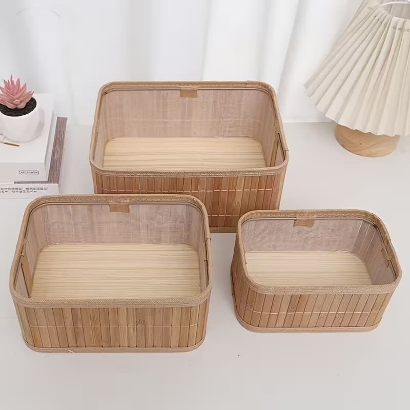 Kit Conjunto 3/4 Cesto Organizador Multiuso Bambu Multiuso com Forro Retangular Lavanderia Banheiro