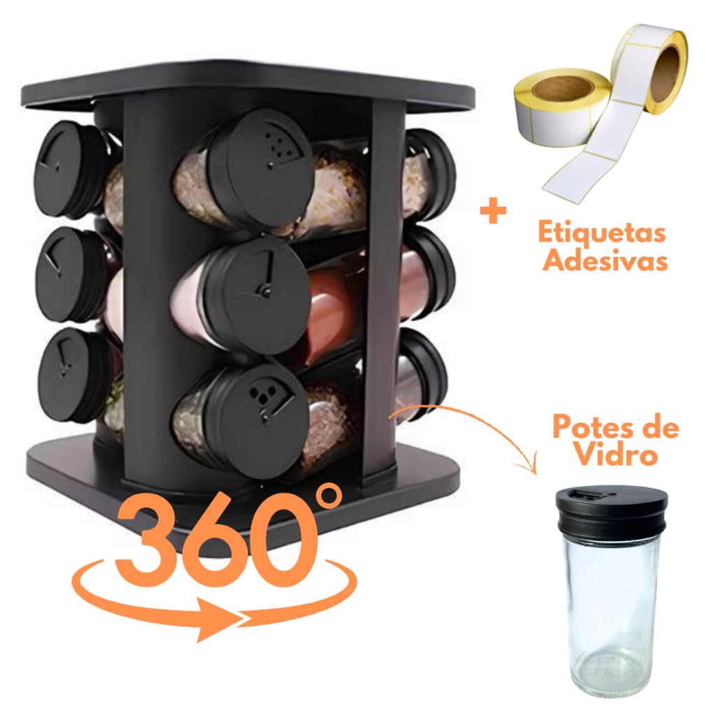 Porta Condimento Giratório Tempero com 9/12 Potes de Vidro