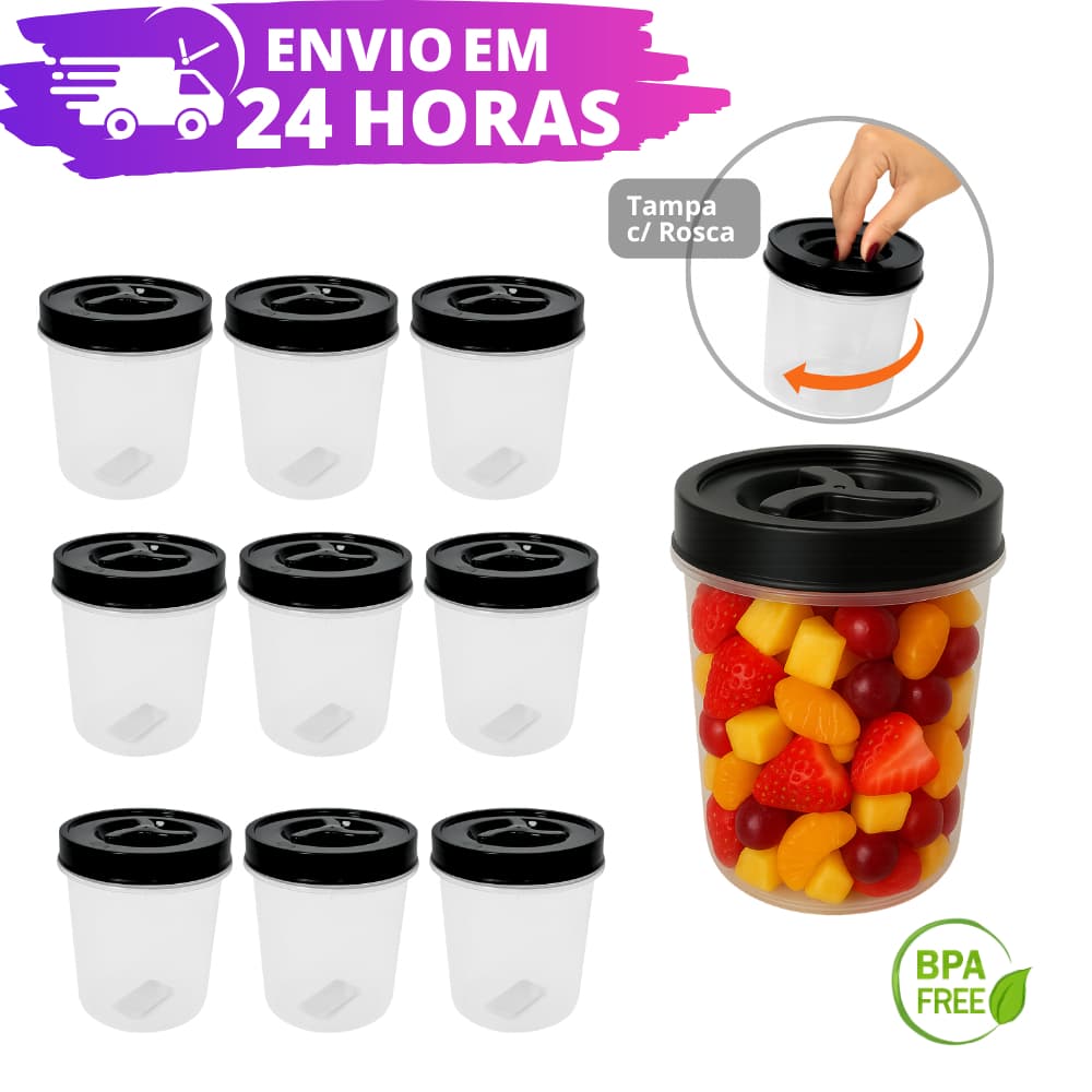 Jogo 10 Potes Redondo 500ml Tampa Preta com Rosca BPA FREE REFORÇADO Pote Mantimentos Tempero Potinho