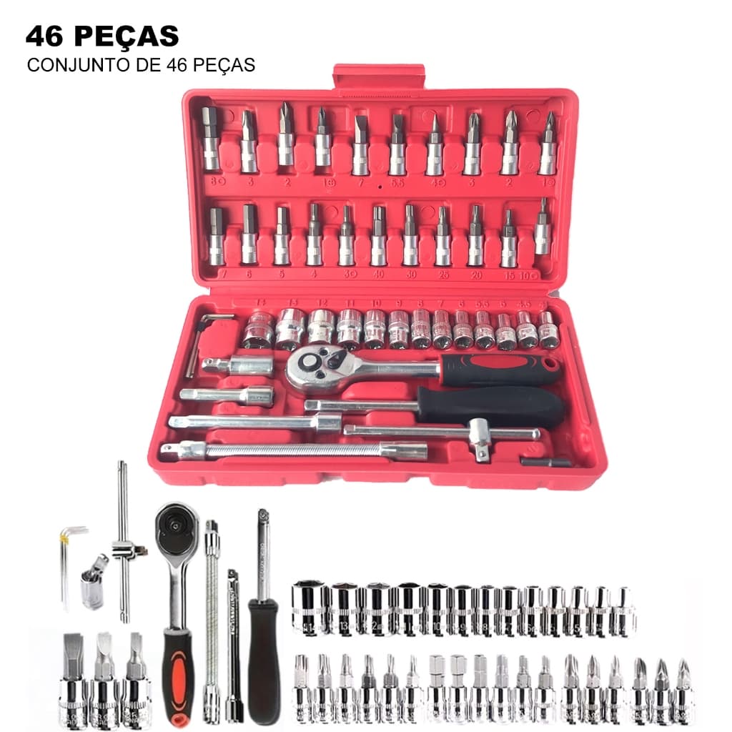 Kit De Ferramentas 46 Peças Jogo Soquete Chave Catraca Reversível Maleta Ferramentas Mecânico Reparo