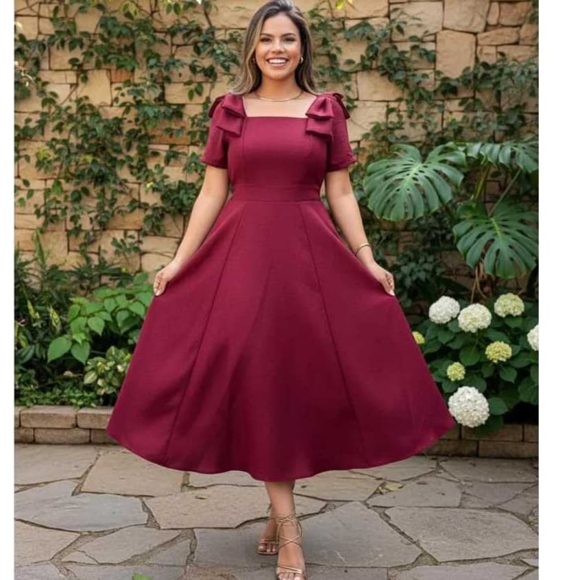 Vestido Feminino Duna Linho plus Size Com Manga E Laço No Ombro, Elastex Na Costa  E Forrado