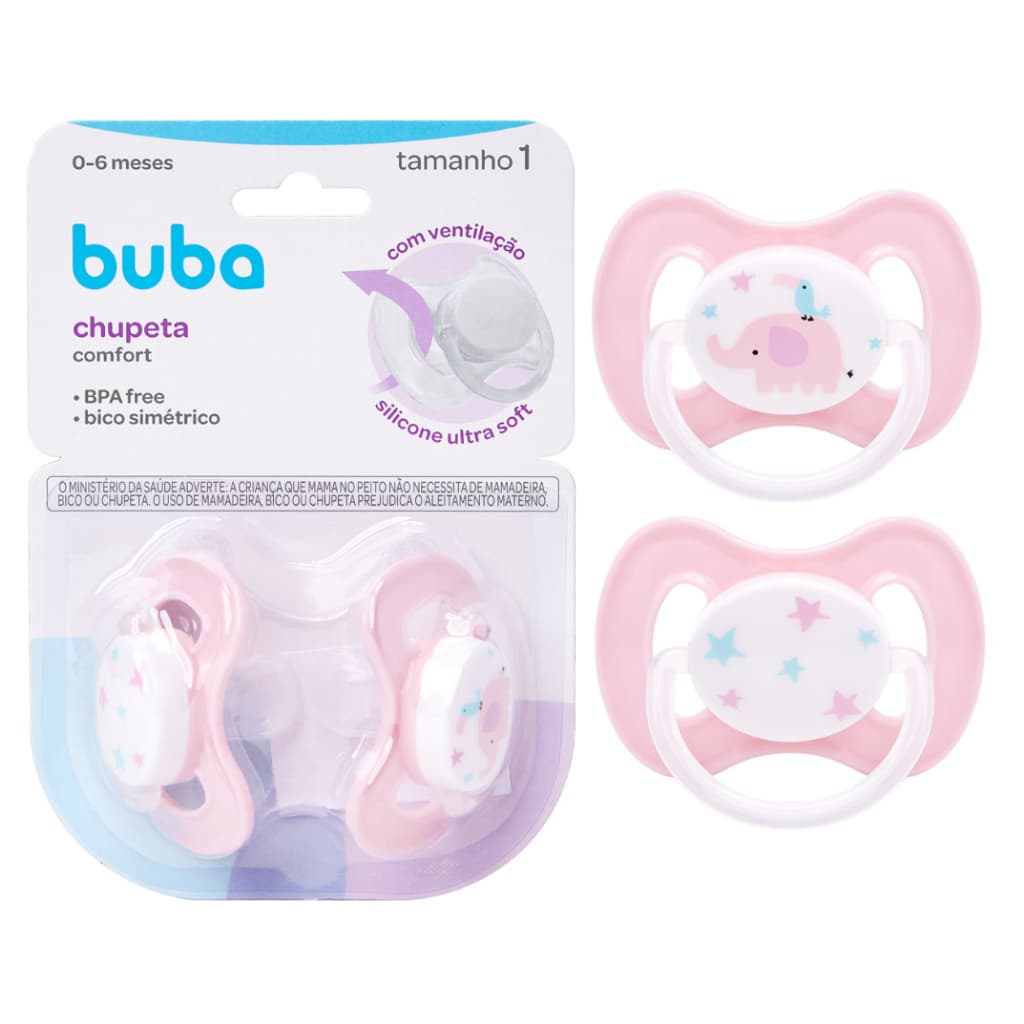 Kit Chupetas Tamanho 1 (+0 a 6 Meses) Elefantinho e Estrelinhas Rosa Bebê Comfort Ultra Soft - Buba