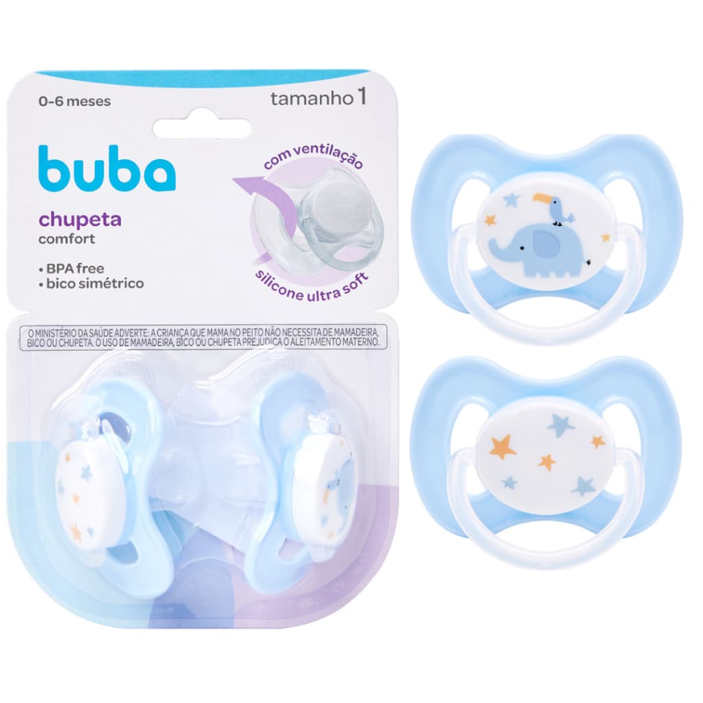 Kit Chupetas Tamanho 1 (+0 a 6 Meses) Elefantinho e Estrelas Azul Bebê - Comfort Ultra Soft da Buba