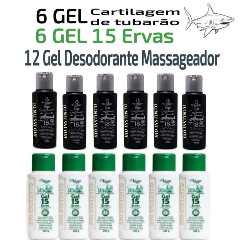 Kit 12 Géis Massageadores Bio Instinto – 6 Cartilagem de Tubarão + 6 Gel 15 Ervas 200g Cada
