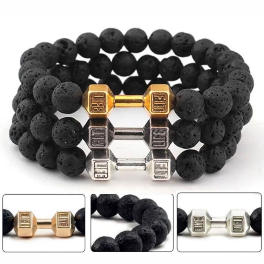 Pulseira Fit Pingente Halter Academia Pedra Vulcanica Miçanga Bracelete Masculino Peso Academia