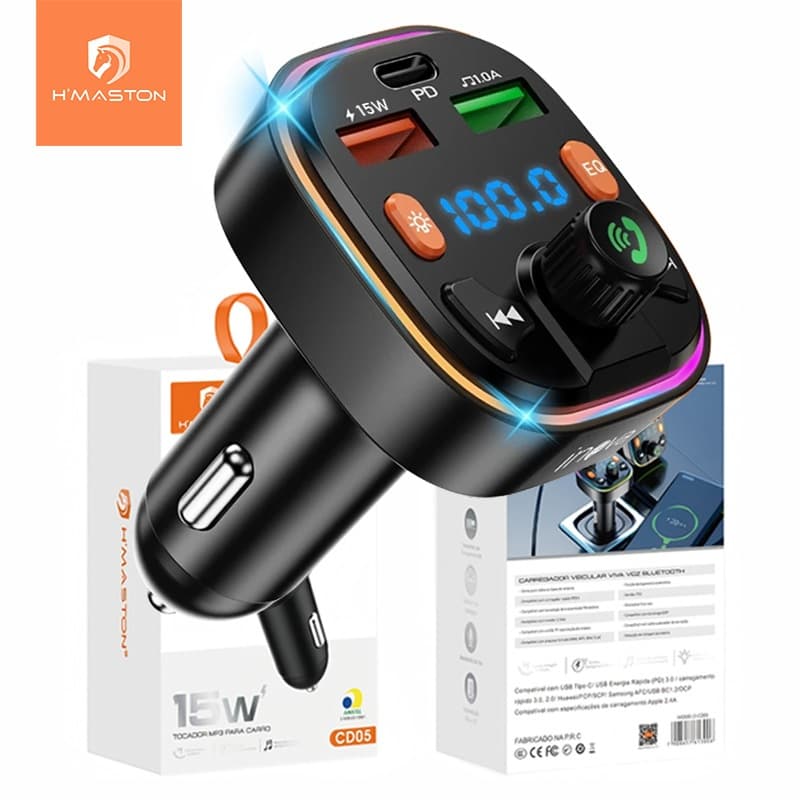 H'MASTON Adaptador Veicular Transmissor FM QC3.0 Bluetooth 5.0 Carregador Veicular Áudio Estéreo MP3 Player