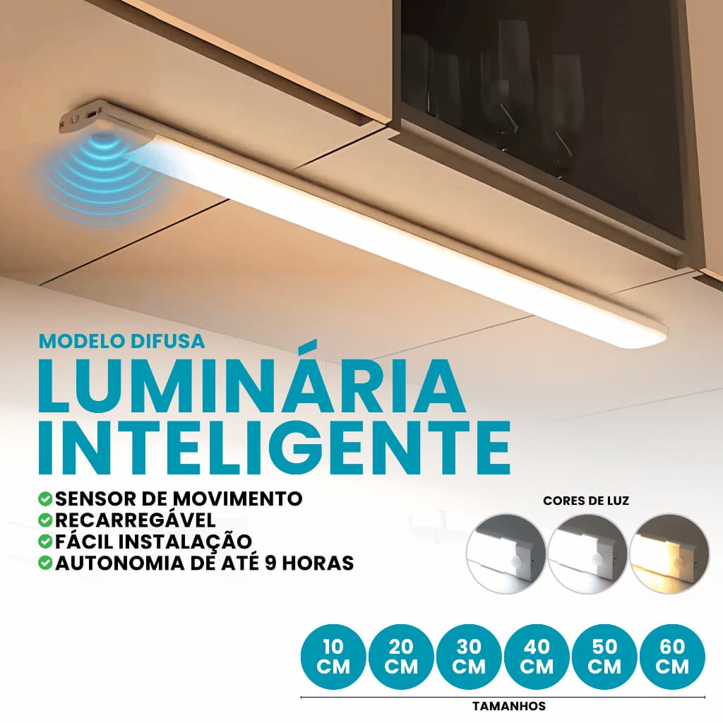 Kit 20cm-60cm Smart Luminária Inteligente Led Barra Difusa Recarregável USB Sensor Movimento Sem Fio
