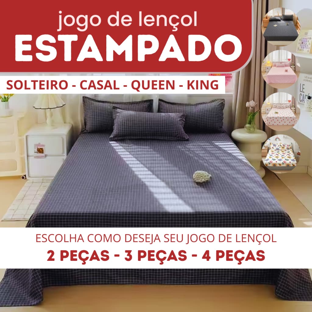 Jogo de Lençol Estampado Microfibra:  2, 3 ou 4 Peças - Solteiro - Casal - Queen - King
