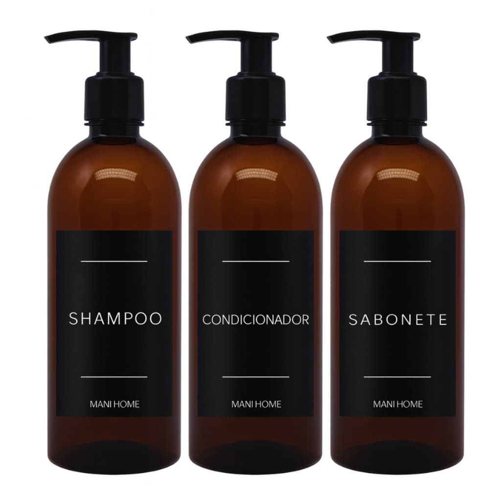 KIT BANHEIRO FRASCO PET ÂMBAR 500ml PARA SABONETEIRA SHAMPOO E CONDICIONADOR