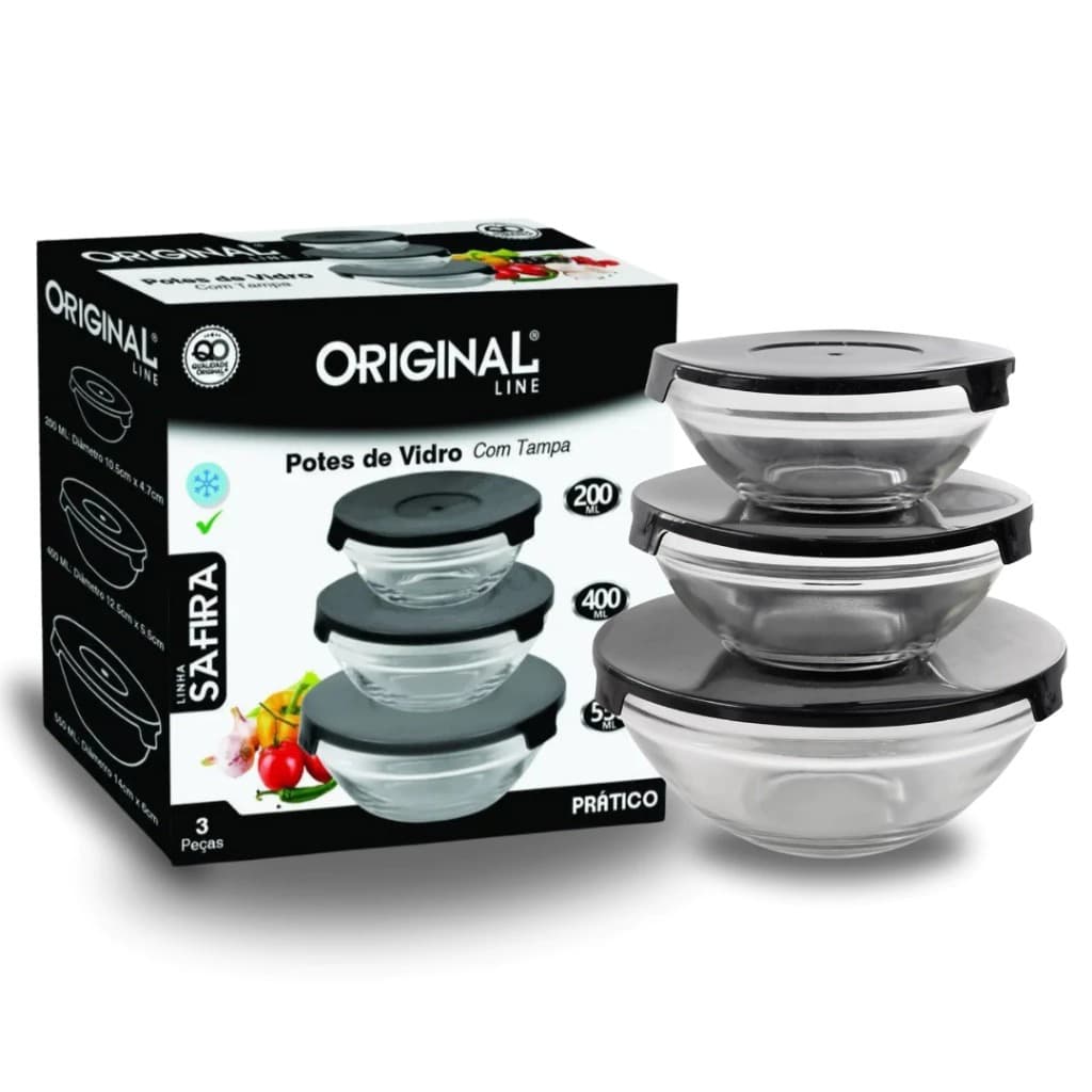 Kit Conjunto De 3 Potes De Vidro Resistente Hermeticos Organizadores De Cozinha Multiuso-ORIGINAL LINE