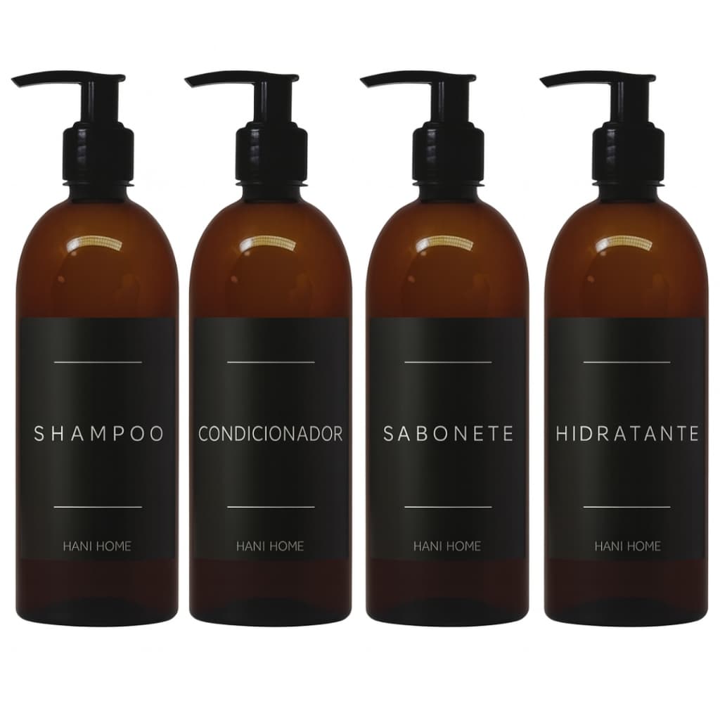 KIT BANHEIRO 4 FRASCOS ÂMBAR 500ML PARA SHAMPOO CONDICIONADOR SABONETEIRA E HIDRATANTE