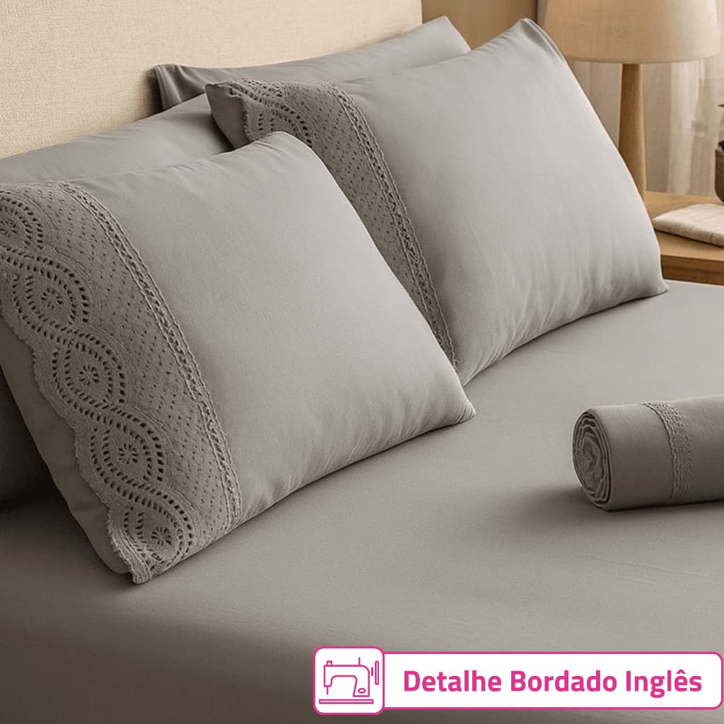 Jogo de Lençol 400 Fios Cama Casal Padrão Queen Size Lese Bordado Inglês 3 Peças Micropercal Macio