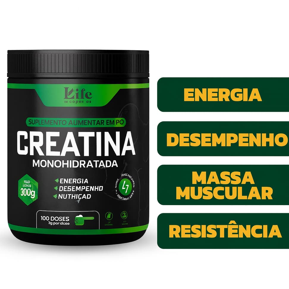 Creatina Monohidratada Life In 100% Pura - 300g - Energia e Performance Monoidratada pre treino