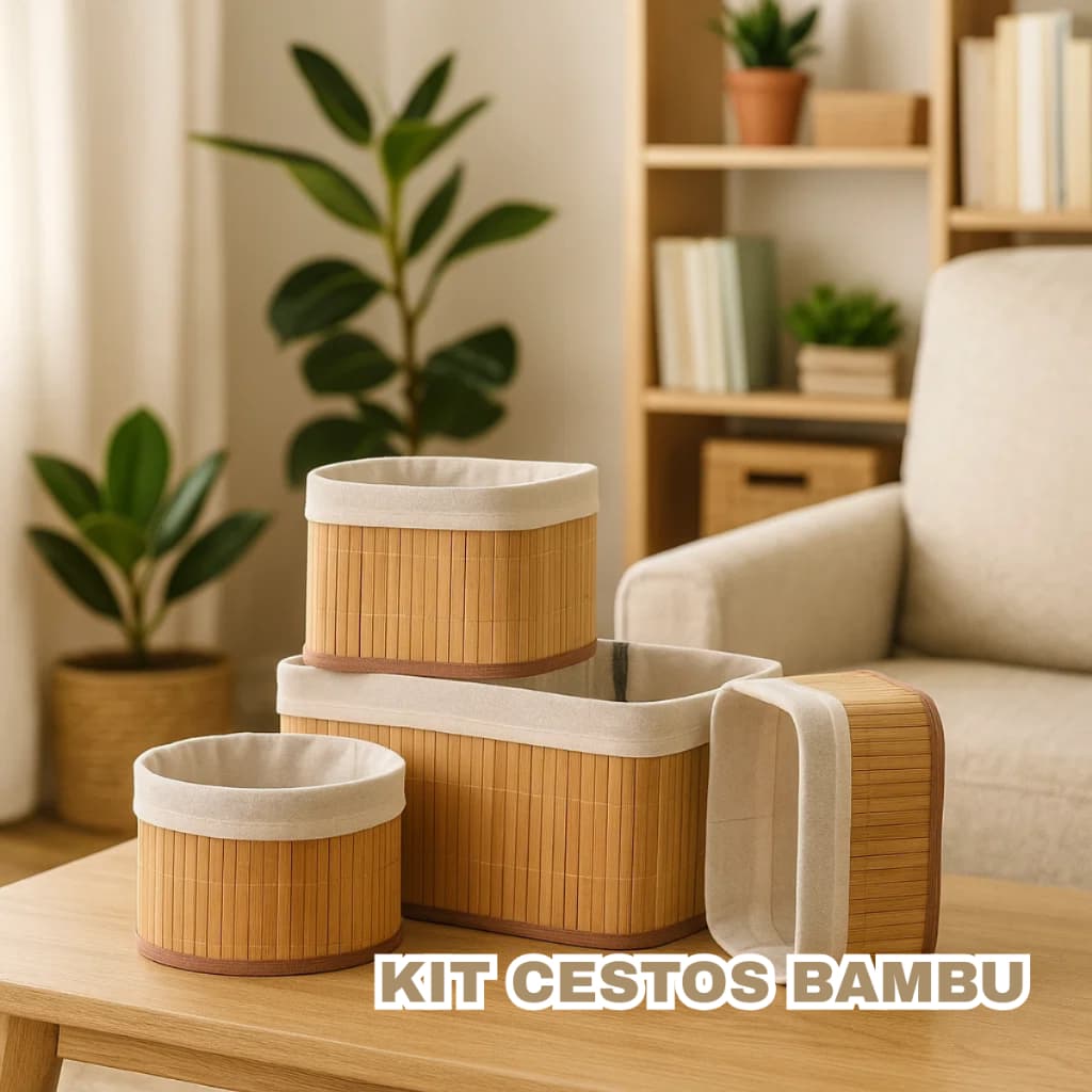 Kit 3 ou 4 Cestos Organizadores de Bambu com Forro Cesta Multiuso para Banheiro Closet Quarto e Organização