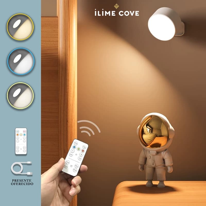 Luminária de Parede LED Sem Fio Toque | USB Type-C + Magnética | 360° | 3 Tons com Controle Remoto