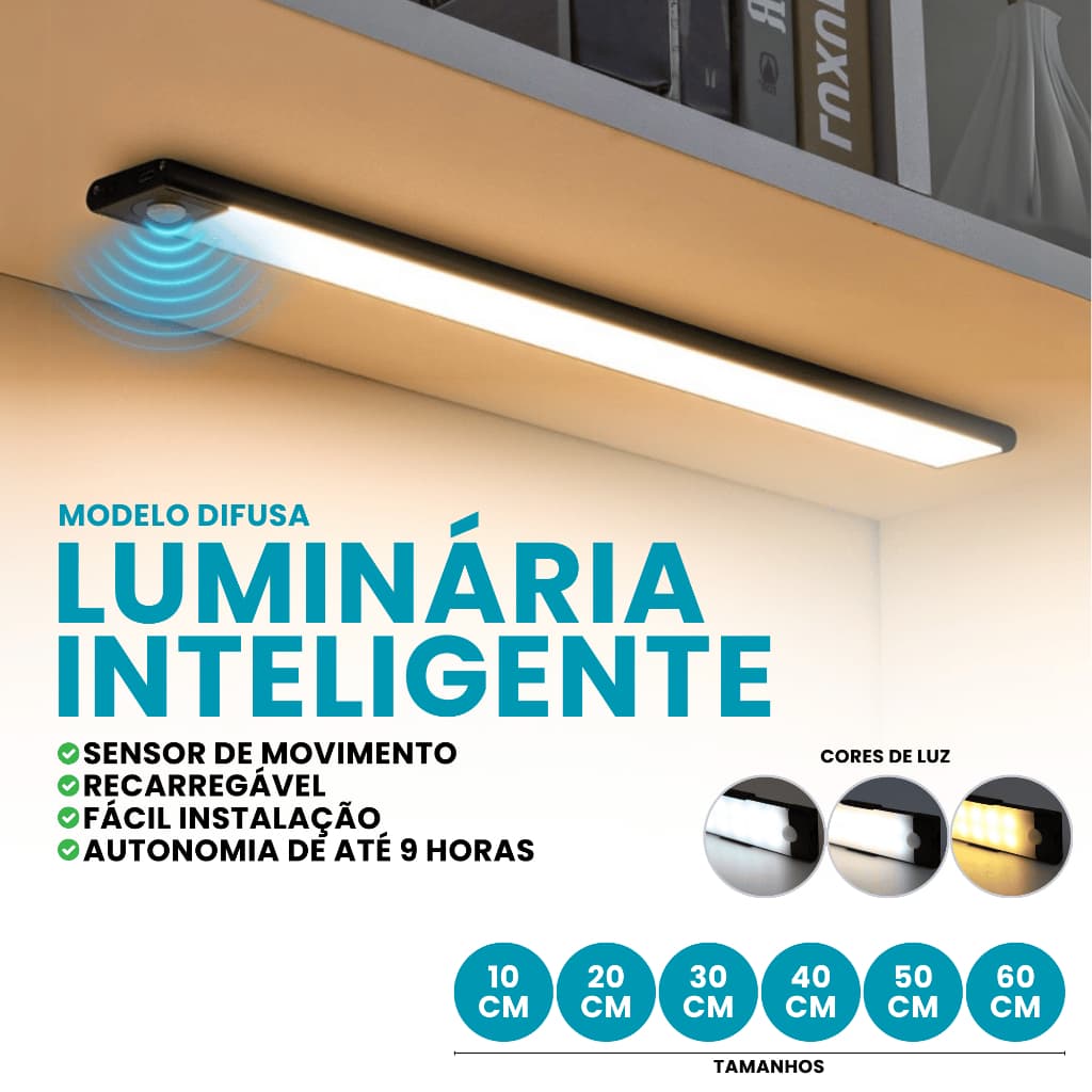 Kit Luminária Led Barra Difusa Recarregável Usb Presença Sensor Quarto/Cozinha Luz 3 Cores