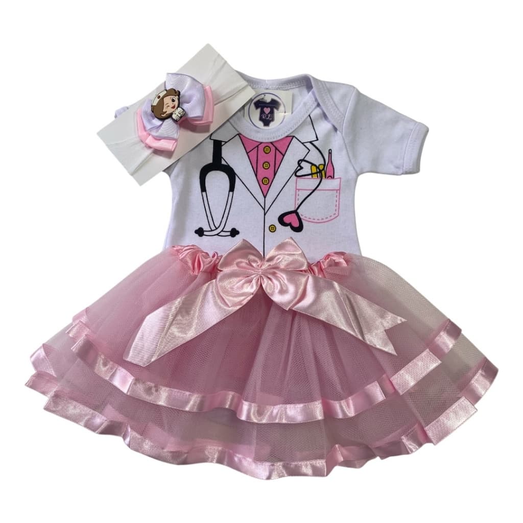 Body Bebe Menina Médica + Laço + Saia Tule - Temático Mesversário