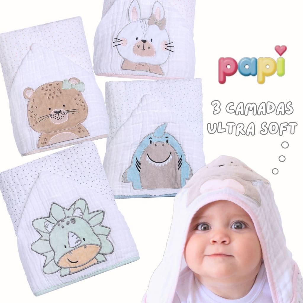 Toalha Fralda Bebê Papi Soft 3 Camadas com Capuz Bordado | Super Absorção 90x75cm Recém-Nascido