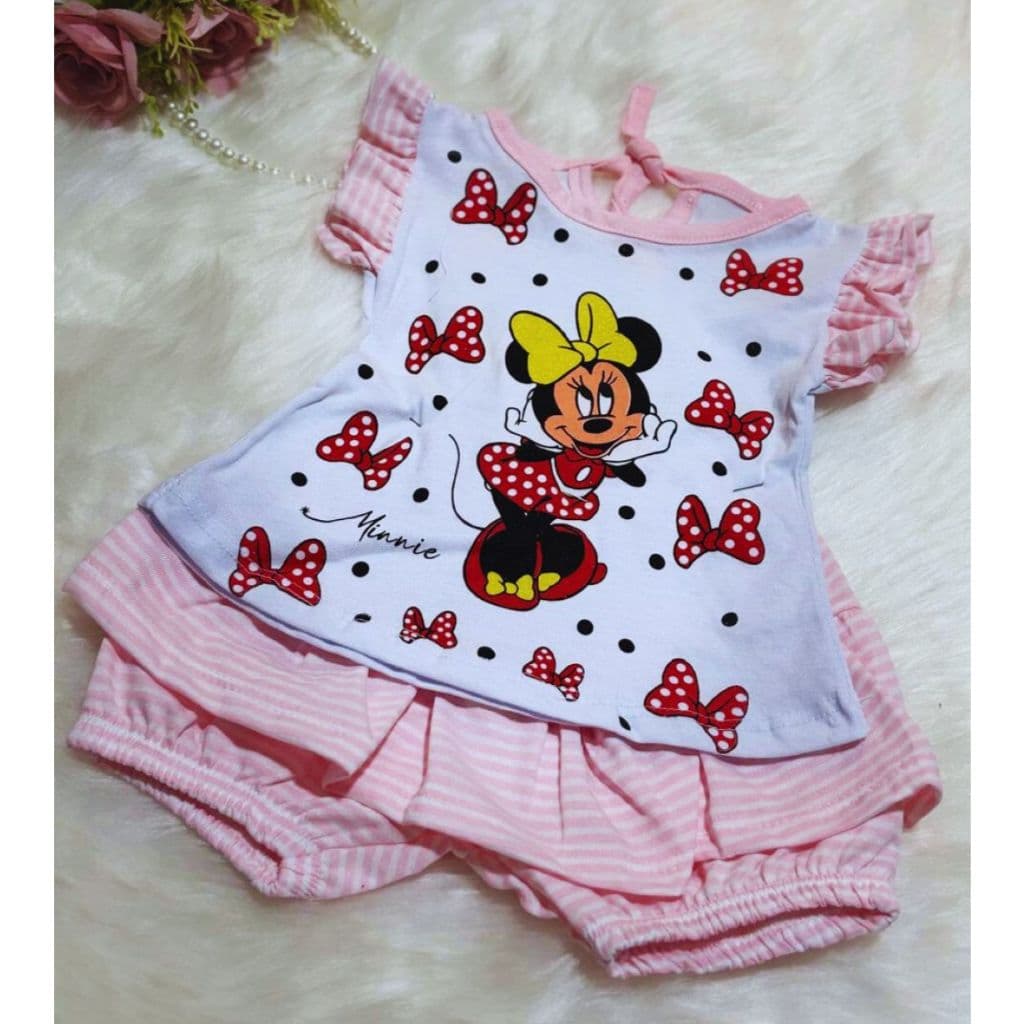 Conjunto Bebê Menina Blusinha + Short Saia Minnie e Animais Desenho Infantil Menina RN Lookinho Bebê Estilosa Minie
