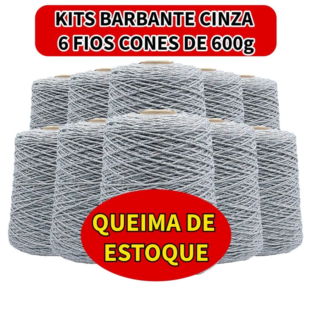 Kits Barbante Cinza Fio 6 Cones 600g Cada - QUEIMA DE ESTOQUE - Para Crochê Artesanato Tricô Macramê - LOTE BARATO