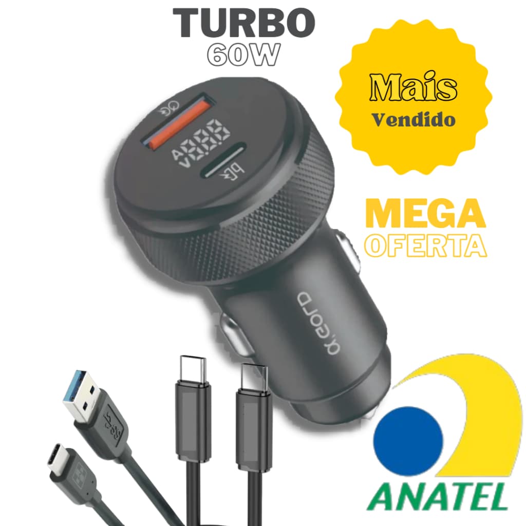 Carregador Veicular TIPO-C 60W | Turbo p/ Celular | Certificado Anatel | IPHONE 15 16 17 e SAMSUNG