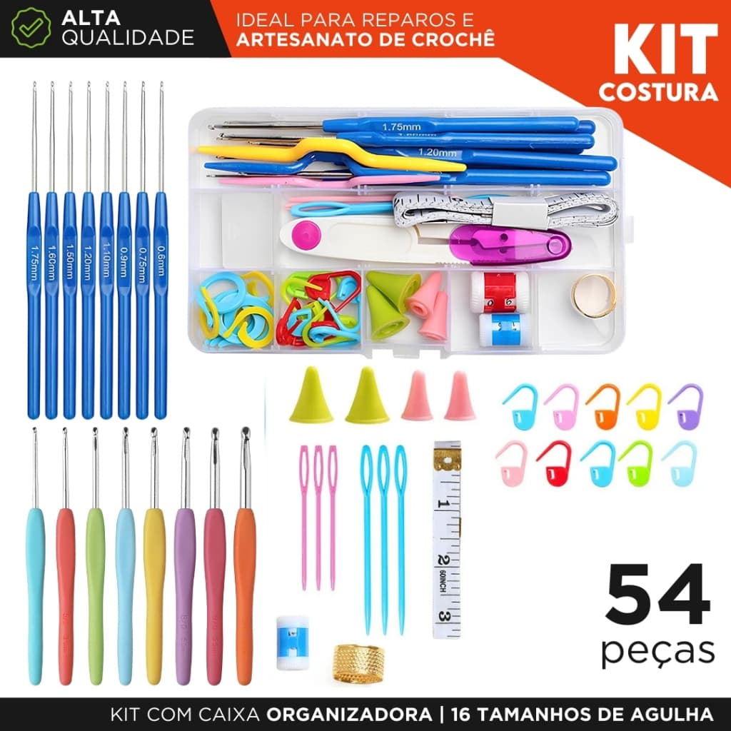 Kit Crochê Completo 54 Peças Agulhas Estojo Organizador Costura Tricô Amigurumi Iniciante Artesanato
