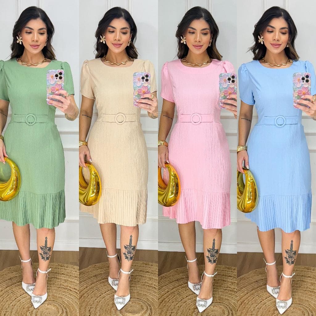 VESTIDO MIDI GOLA REDONDA(SAIA ,BARRA PLISADO,DETALHE COM CINTO)