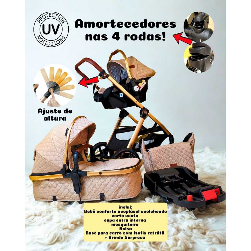Carrinho de bebê com Bebê conforto Luxo europeu com Amortecedores, Rodas grandes de borracha + Bolsa