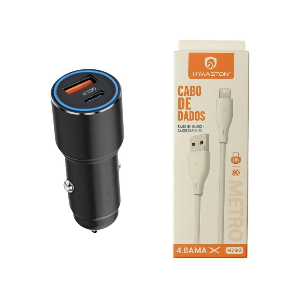 Kit 2 Carregador Veicular C/ Cabo USB-C  H73-2 1m H'maston Turbo Carregamento Rápido Envio Imediato.