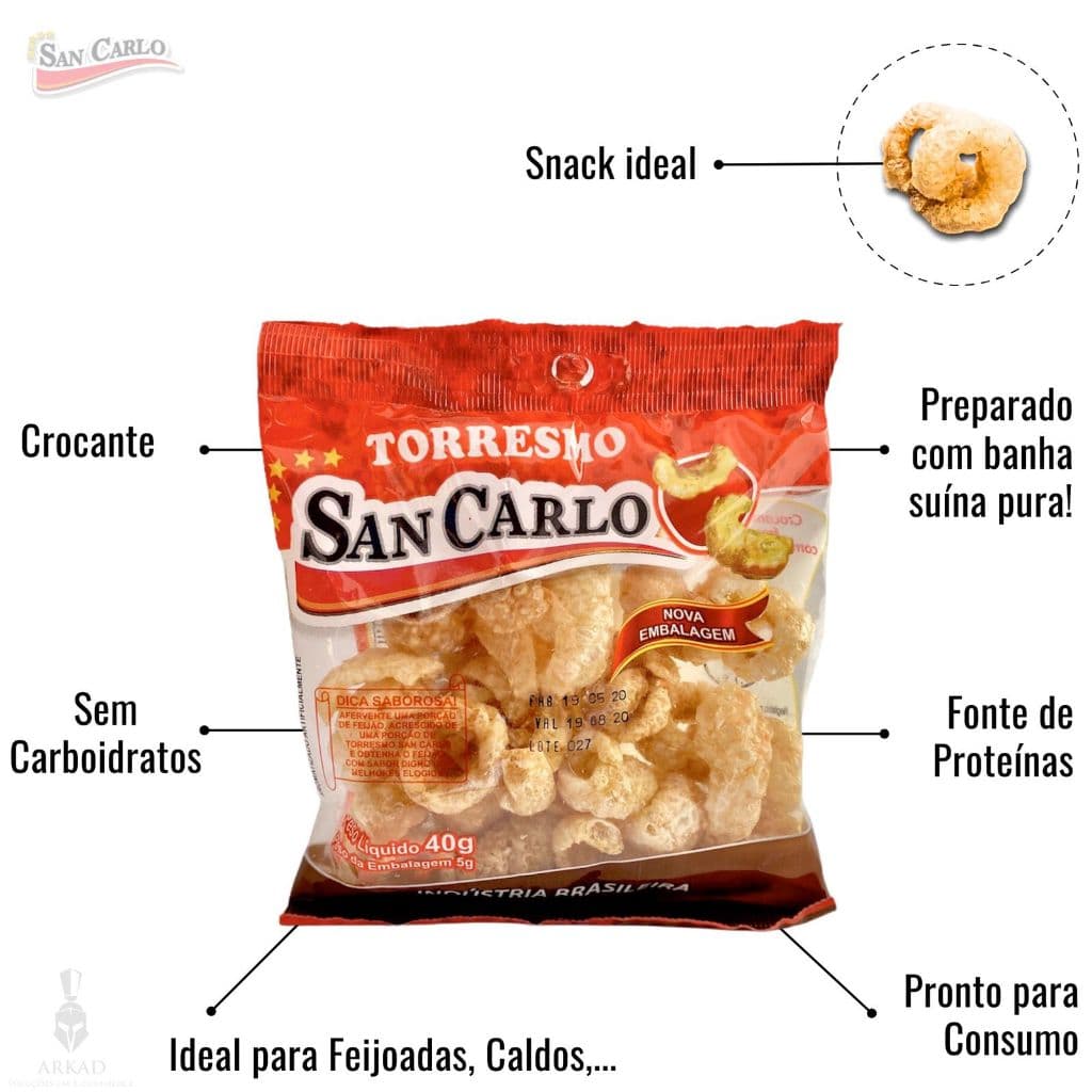kit 20 torresmos prontos de 40g, Sequinho, Crocante, Saudável, Ideal para petiscos, San Carlo