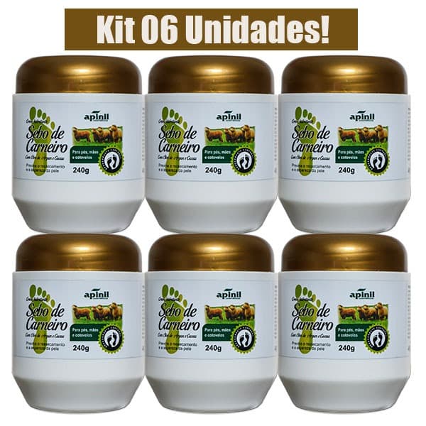 KIT 6 UNIDADES CREME HIDRATANTE SEBO DE CARNEIRO COM ÓLEO DE ARGAN E CACAU 240g APINIL