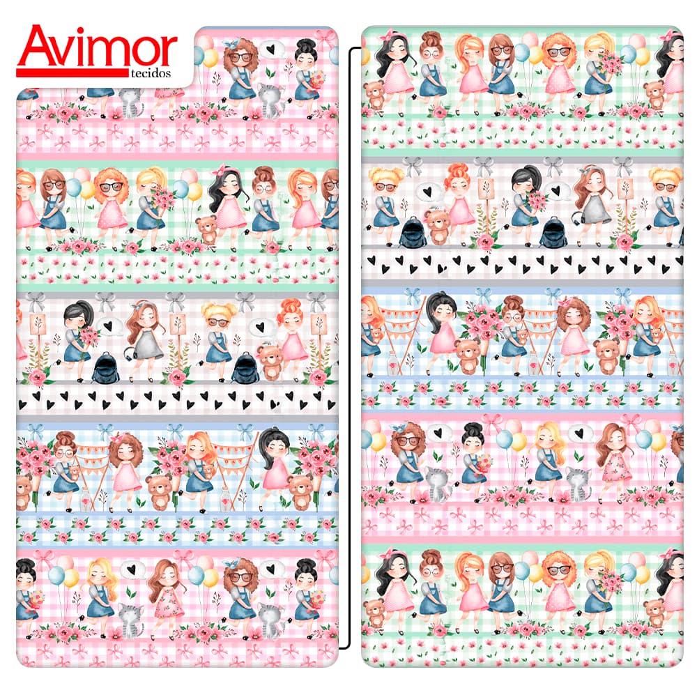 Tecido Tricoline Digital Barrado Garotas Cute Feminino Costura Artesanato Patchwork Pano