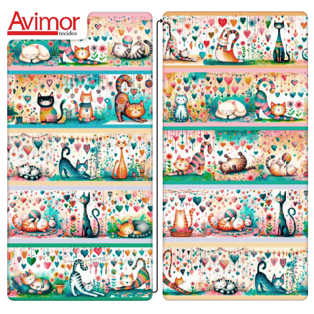 Tecido Tricoline Digital Barrado Gatos Fofinhos Patchwork Costura Cozinha Mesa Pano