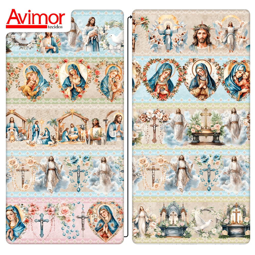 Tecido Tricoline Digital Barrado Nossa Senhora Patchwork Costura Artesanato Patchwork Pano DIY