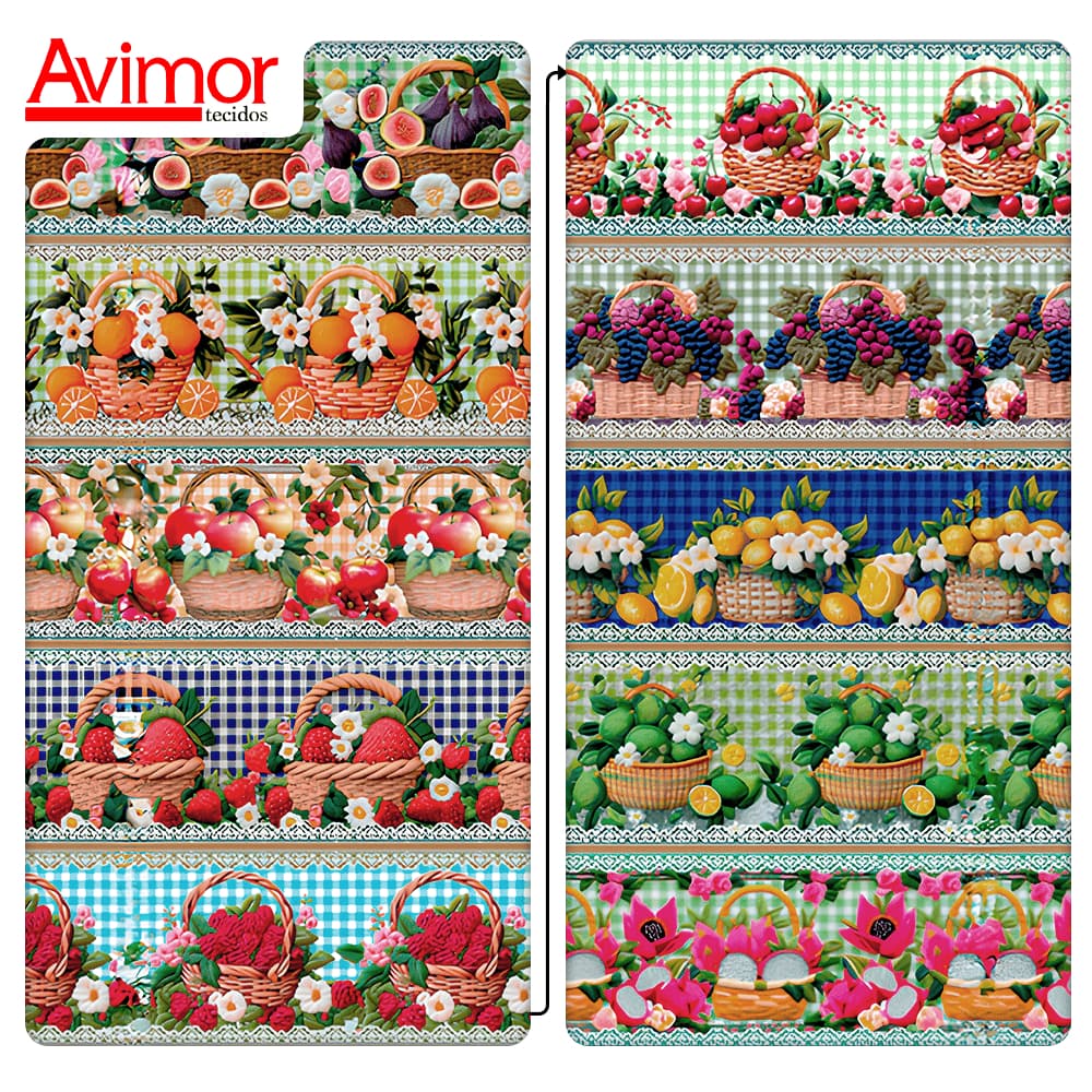 Tecido Tricoline Digital Efeito 3D Barrado Cesto de Frutas Cozinha Pano Artesanato Patchwork