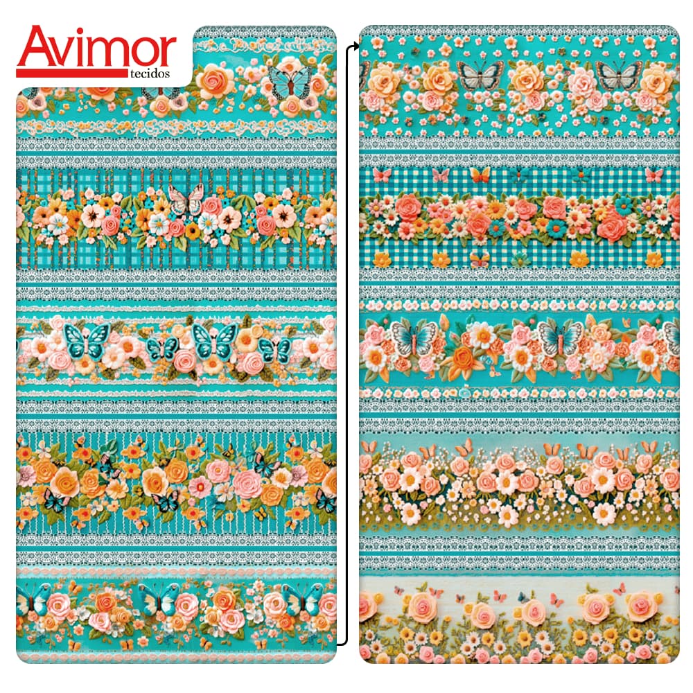 Tecido Tricoline Digital Efeito 3D Barrado Floral Bordado com Borboletas Cozinha Insetos Patchwork