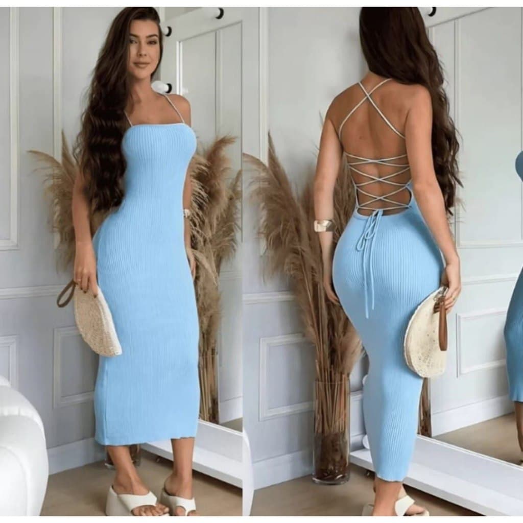 Vestido Modal Trico Liso Alça Fina Costas Amarração Cordão
