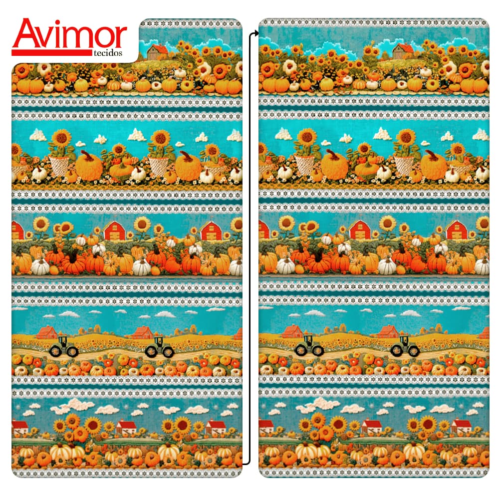 Tecido Tricoline Digital Efeito 3D Barrado Abobora Girassol Cozinha Pano de Prato Patchwork