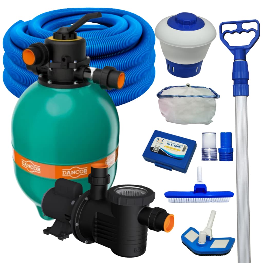 Kit Filtro Para Piscina DFR-15 Dancor Motobomba 1/2cv Com Kit Limpeza Aspirador Mangueira Completo 56mil Litros